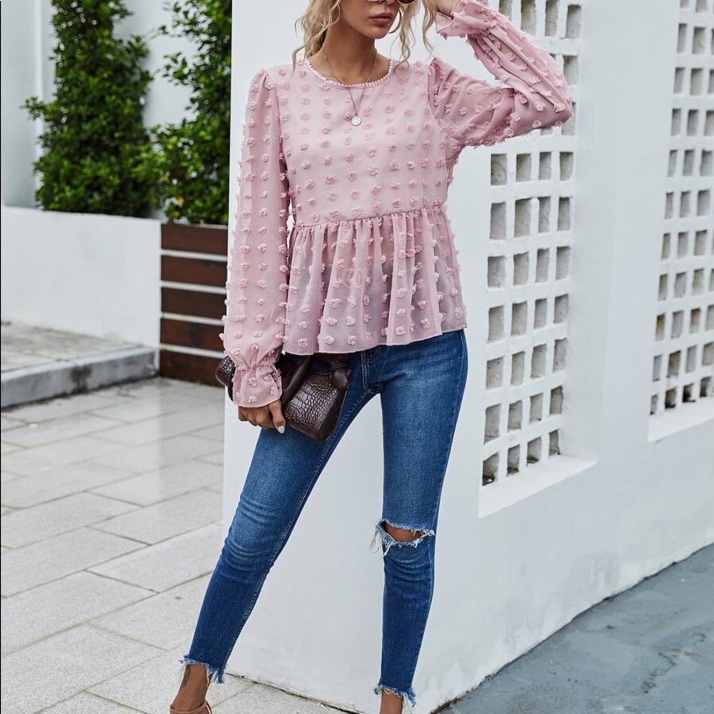 Blush dot open back Peplum Blouse - Picture 2 of 7